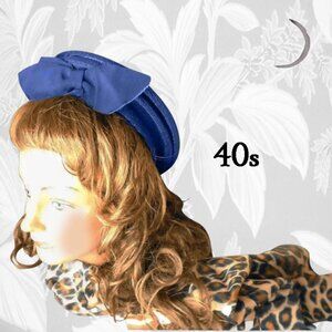 Vintage Navy Blue Sewn Straw Tilt Beret Hat Is Versatile 40s Headwear
